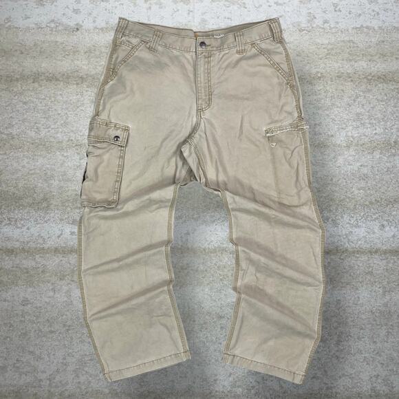 Vintage 90s Carhartt Cargo Pants 36x32 Baggy Wide Leg Tan Canvas Dungarees - Picture 2 of 7